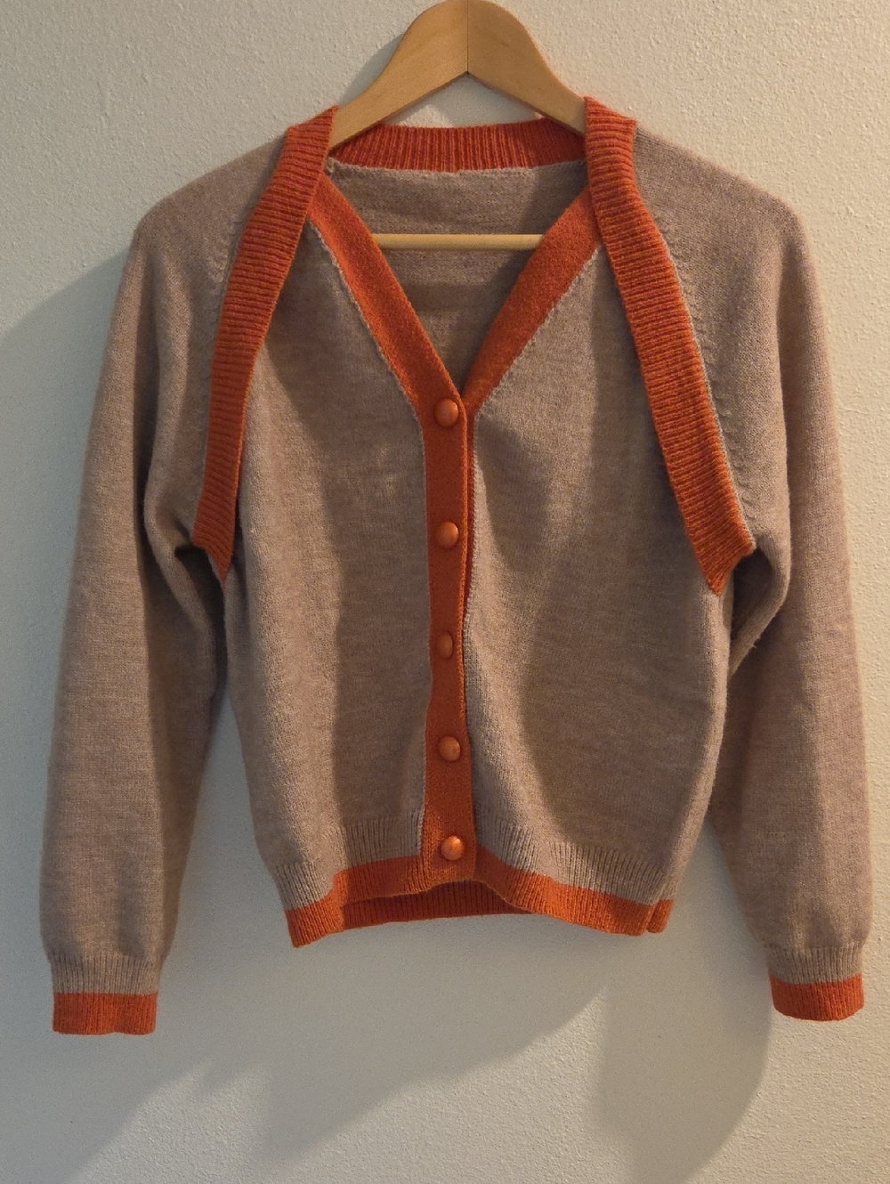 NWOT Super Cute Vintage Style Womens Taupe Cardigan with Rust Orange Trim